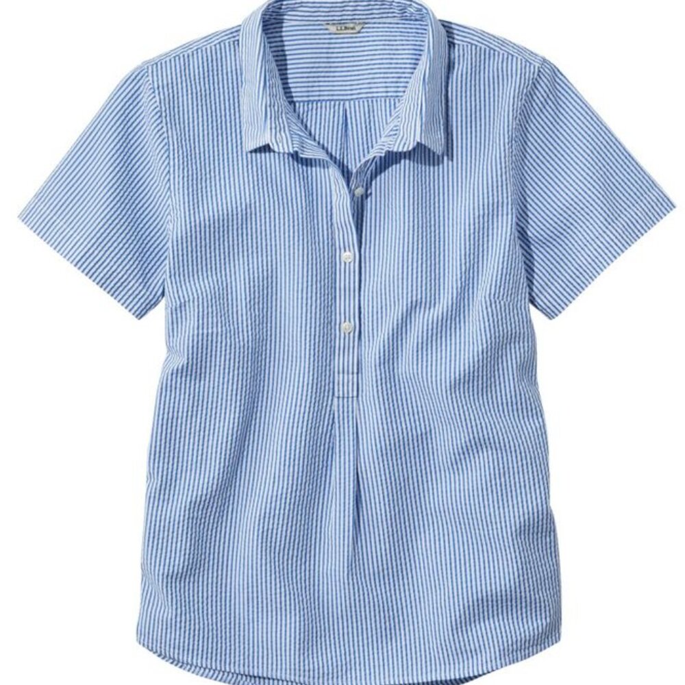 NWOT LL Bean Vacation Seersucker Shirt Short-Sleeve Popover Blue White Stripe